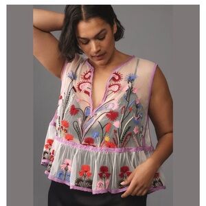 By Anthropologie Floral Embroidered Sheer Mesh Tank